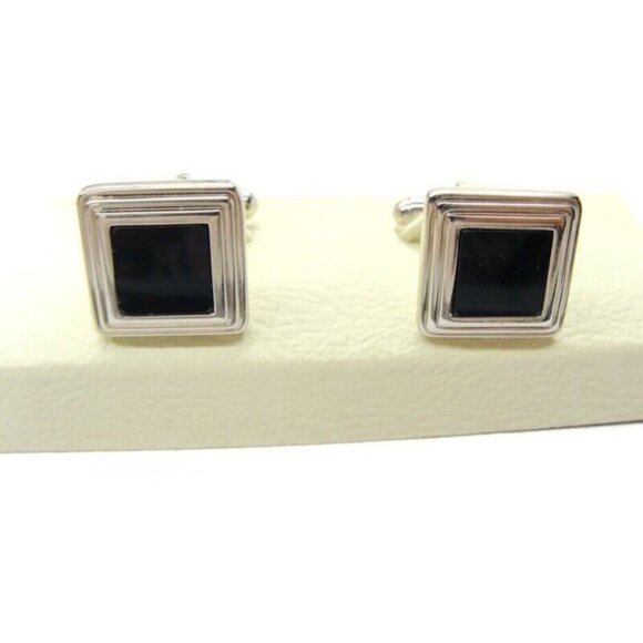 Chaps Vintage Square Cufflinks Black & Silver Tone Tux Wedding Formal IOB - Picture 9 of 12